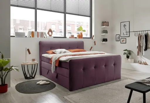 Boxspringbett HOLLIE- Liegefläche ca. 180x200 cm, Stoff, Brombeer, inkl. Topper