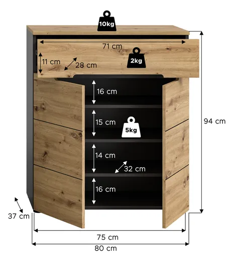Garderobe - inkl. Sitzkissen, Basalt grau, Artisan Eiche Nachbildung