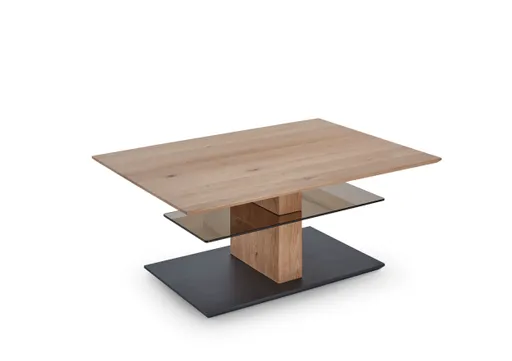 Couchtisch - höhenverstellbar LBH110x80x47(62) cm, Kerneiche Umato massiv, Glas, Bronze