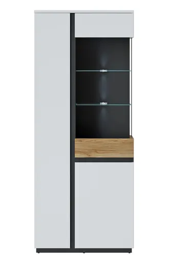 Vitrine - mit Beleuchtung, Weiß, Eiche Nachbildung, Schwarz matt