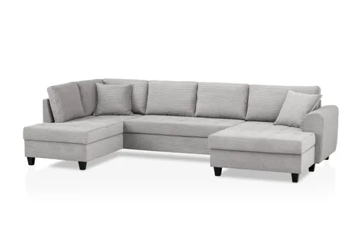 Wohnlandschaft - Longchair links, 2-Sitzer, Ecke rechts inkl. Schlaffunktion mit Bettkasten, Stoff, Hellgrau
