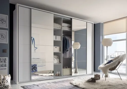 Schwebetürenschrank- B ca. 315 cm, Weiß, Spiegel