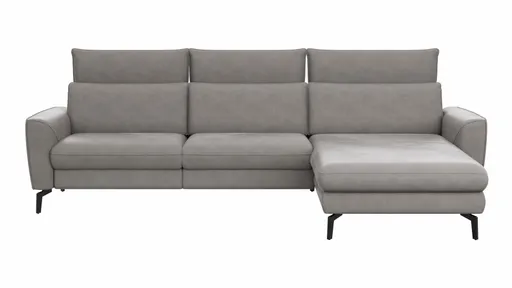Ecksofa Avela - 2,5-Sitzer mit Longchair rechts inkl. Kopfteile verstellbar, Leder, Steingrau