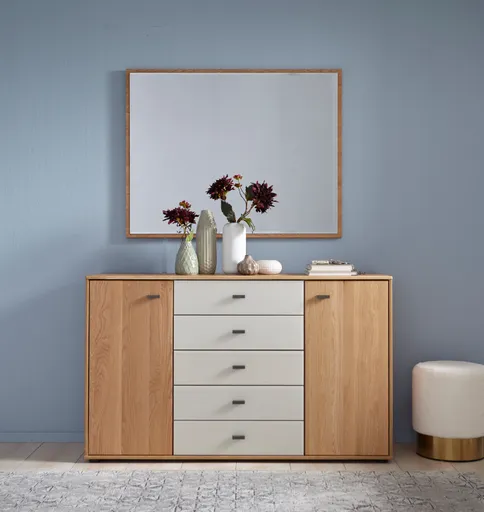 Kommode Lenoso - Eiche massiv, Glas Champagner