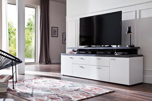 TV-Lowboard - B ca. 180 cm, Weiß, Stone dunkel Nachbildung