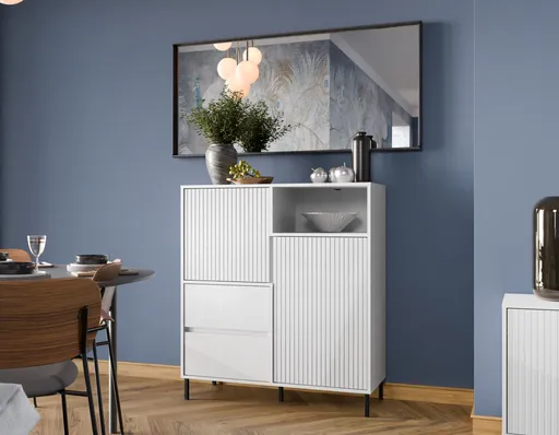 Highboard - B ca. 106 cm, Weiß, Weiß Hochglanz