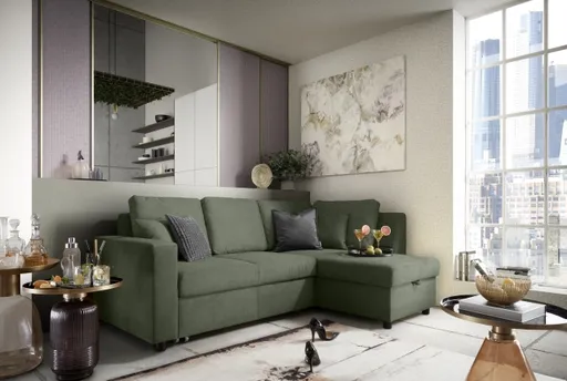 Ecksofa PRO FLEXX - 2-Sitzer, Ecke rechts inkl. Schlaffunktion und Bettkasten, Stoff, Dunkelgrün
