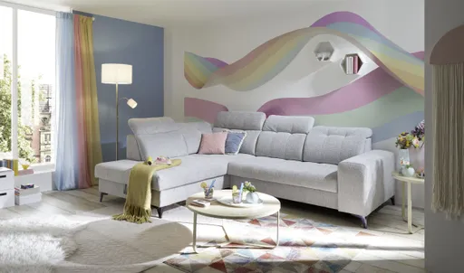 Ecksofa - Ecke links mit 2-Sitzer, Kopfteil verstellbar, Sitztiefe verstellbar motorisch, Stoff, Hellgrau