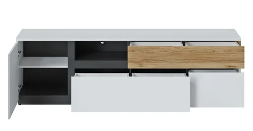 TV-Unterteil - B ca. 210,5 cm, Weiß, Eiche Nachbildung, Schwarz matt
