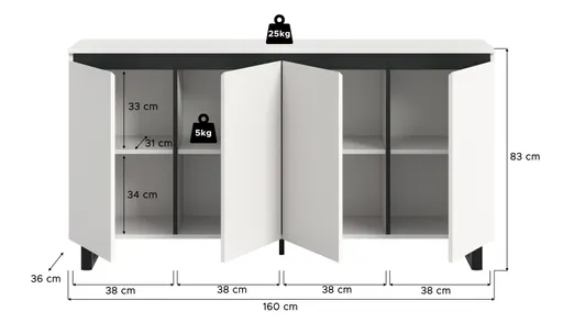 Sideboard - B ca. 160 cm, Weiß, Schwarz