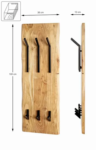 Wandgarderobe - B ca. 36 cm, Akazie, Schwarz