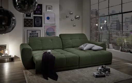 Ecksofa -2-Sitzer mit Longchair rechts, Kopfteil verstellbar, Sitztiefe verstellbar motorisch, Stoff, Moos