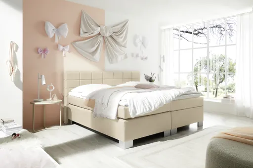 Boxspringbett HAIKOS- Liegefläche ca. 180x200 cm, Stoff, Beige, inkl. Topper