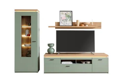 Wohnwand - mit Beleuchtung und Fernbedienung, Salbeigrün, Eiche Evoke Nachbildung