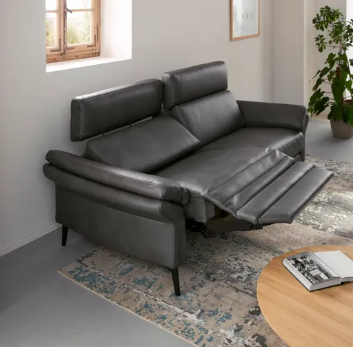 Sofa Atella - 3-Sitzer inkl. motorischer Relax- und Kopfteilverstellung, Leder, Anthrazit