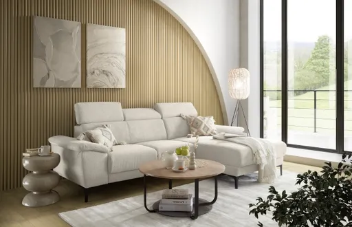 Ecksofa EZRA - 2-Sitzer, Ecke rechts inkl. Kopfteilverstellungen, Sitzvorzug, Stoff, Beige