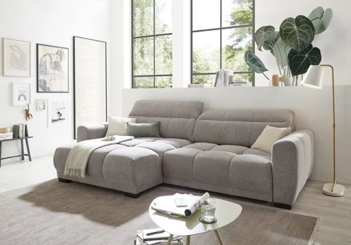 Ecksofa - Longchair links mit 2-Sitzer, Kopfteil verstellbar, Sitztiefe verstellbar motorisch, Stoff, Taupe