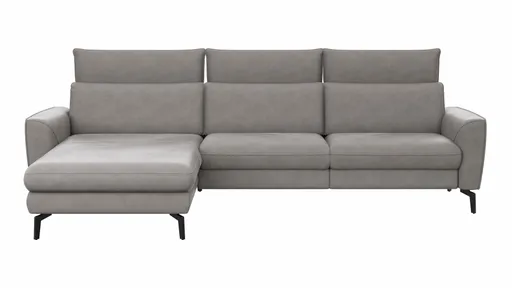 Ecksofa Avela - Longchair mit 2,5-Sitzer rechts inkl. Kopfteile verstellbar, Leder, Steingrau