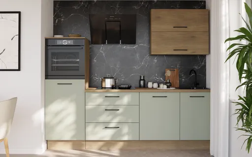 Küchenblock- ohne E-Geräte, B ca. 250 cm, Eiche Dekor, Salbei, Matt