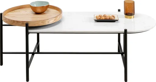 Couchtisch- LB ca. 129x54 cm, Marmoroptik, Weiß, Esche Dekor, Stahl, Schwarz lackiert