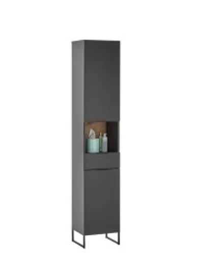 Hochschrank- B ca. 38 cm,  Schwarz Matt, Eiche Dekor