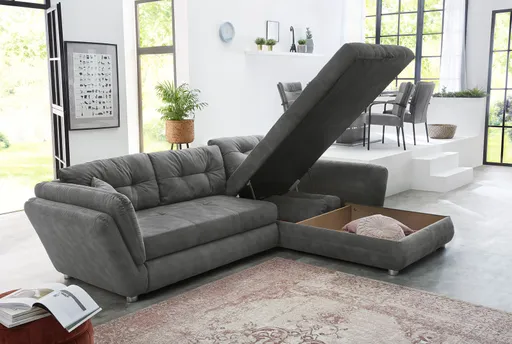 Ecksofa - 2-Sitzer, Ecke rechts inkl. Schlaffunktion und Bettkasten, Stoff, Grau