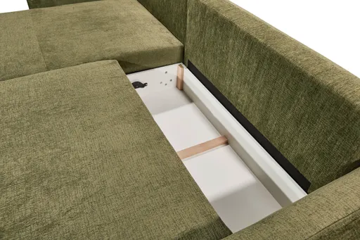 Ecksofa - Longchair links mit 2-Sitzer, Schlaffunktion mit Bettkasten, Stoff, Moosgrün