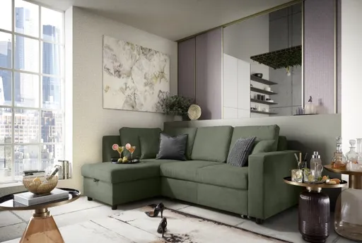 Ecksofa PRO FLEXX - Ecke links, 2-Sitzer inkl. Schlaffunktion und Bettkasten, Stoff, Dunkelgrün