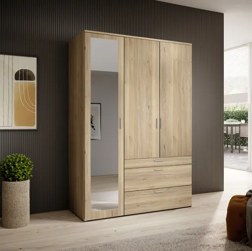 Drehtürenschrank- B 135 cm, Eiche Dekor, Spiegel