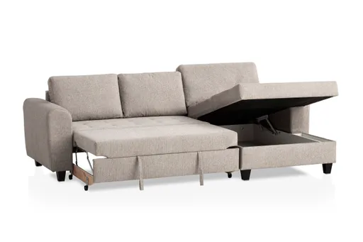 Ecksofa - 2-Sitzer, Ecke rechts inkl. Schlaffunktion mit Bettkasten, Stoff, Steingrau