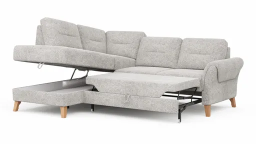 Ecksofa Almyra - Ottomane links mit 2,5-Sitzer, inkl. Schlaffunktion und Bettkasten, Stoff, Silbergrau