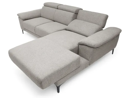 Ecksofa EZRA - 2-Sitzer, Ecke rechts inkl. Kopfteilverstellungen, Sitzvorzug, Relaxfunktion, Stoff, Hellgrau