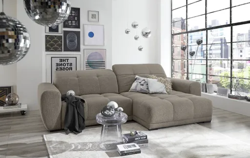 Ecksofa -2-Sitzer mit Longchair rechts, Kopfteil verstellbar, Sitztiefe verstellbar motorisch, Stoff, Steingrau