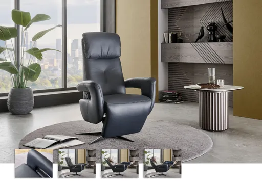 TV-Sessel - Größe M, Relaxfunktion, Kopfteil verstellbar, Leder, Dunkelblau