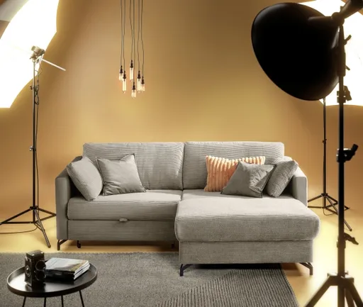 Ecksofa - 1,5-Sitzer, Ecke rechts inkl. Schlaffunktion und Bettkasten, Stoff, Hellbraun