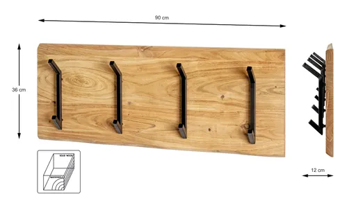 Wandgarderobe - B ca. 90 cm, Akazie, Schwarz
