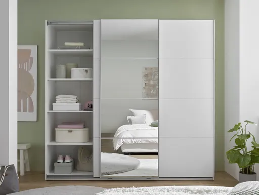 Schwebetürenschrank- B ca. 215 cm, Weiß, Spiegel