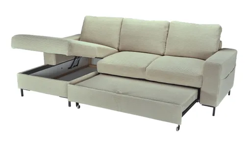 Ecksofa - Ecke links, 2-Sitzer inkl. Schlaffunktion und Bettkasten, Stoff, Creme