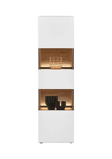 Vitrine - mit Beleuchtung, Birke massiv, Weiß lackiert, Applikation Kerneiche Umato