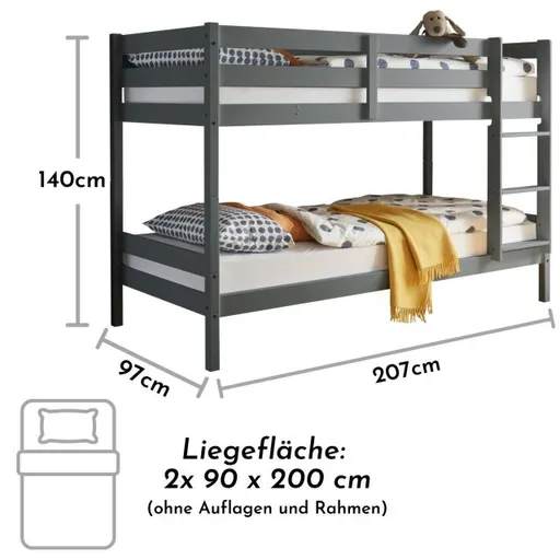 Etagenbett - Liegefläche ca. 90x200 cm, Grau