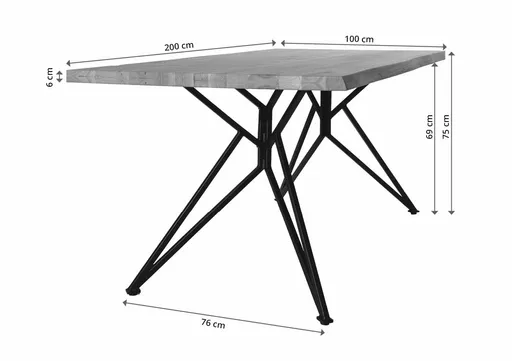 Esstisch - LB ca. 200x100 cm, Wildeiche massiv geölt, Schweizer Kante, Schwarz