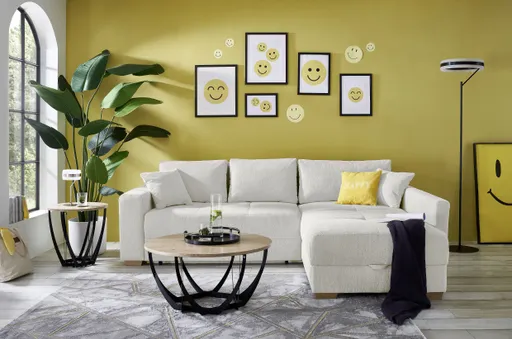 Ecksofa Jyte - 2-Sitzer mit Ecke rechts, Schlaffunktion mit Bettkasten, Stoff, Beige