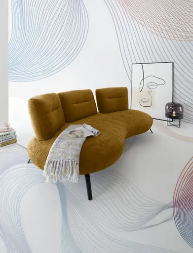 Nierensofa PACEY - 3-Sitzer inkl. Schwenkrücken, Stoff, Senfgelb