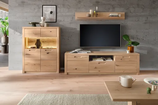 Wohnwand - mit Beleuchtung und Fernbedienung, Eiche Nachbildung, Eiche massiv geölt