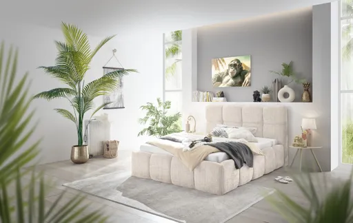 Bettgestell SANDRIN R- Liegefläche ca. 140x200 cm, Stoff, Creme, inkl Latterost und Stauraum