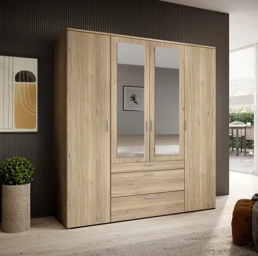 Drehtürenschrank- B ca. 180 cm, Eiche Dekor, Spiegel
