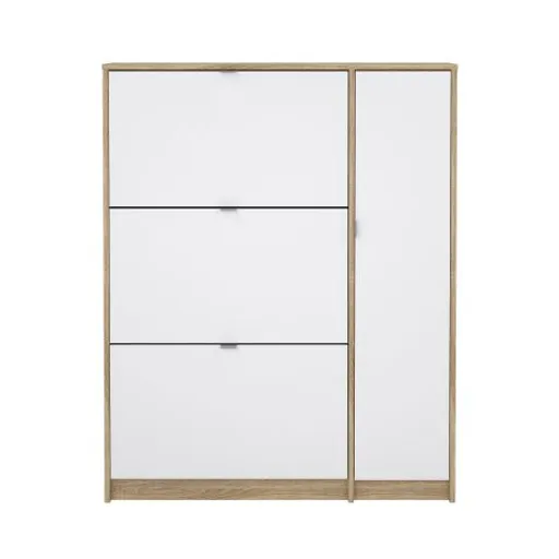 Schuhschrank - B ca. 99 cm, Eiche Struktur Nachbildung, Weiß Hochglanz