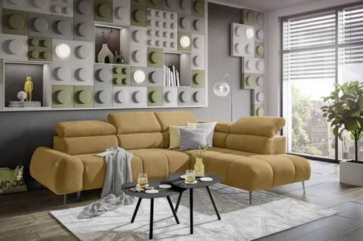 Ecksofa - 2-Sitzer mit Ecke rechts, Sitzvorzug motorisch, Kopfteil verstellbar, Stoff, Amber
