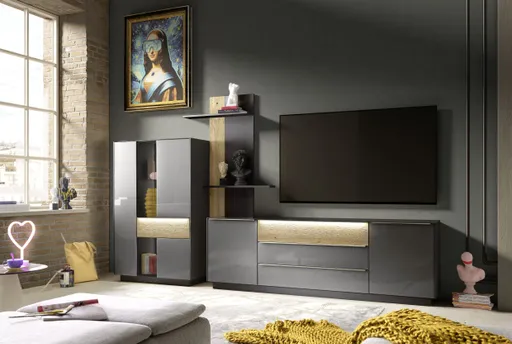 Highboard - mit Beleuchtung, B ca. 96 cm, Anthrazit, Eiche massiv