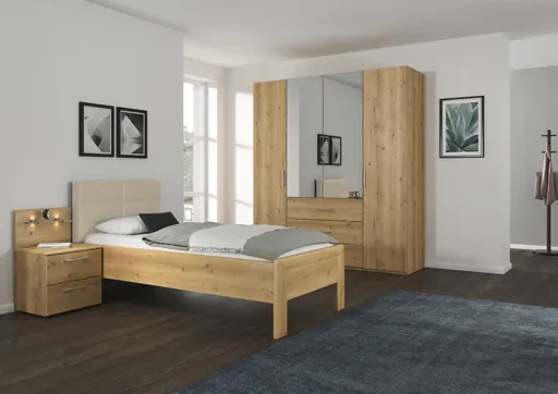 Bett - Liegefläche ca. 100x200 cm, mit Polsterkopfteil Champagner, Stollenfuß Asteiche Massiv